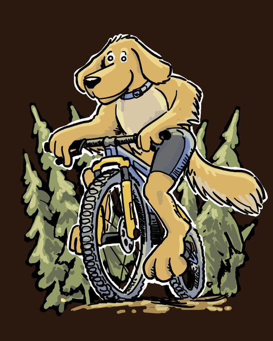 A Golden Retreiver Dog on a bicycle. Mountain Bike t-shirt.