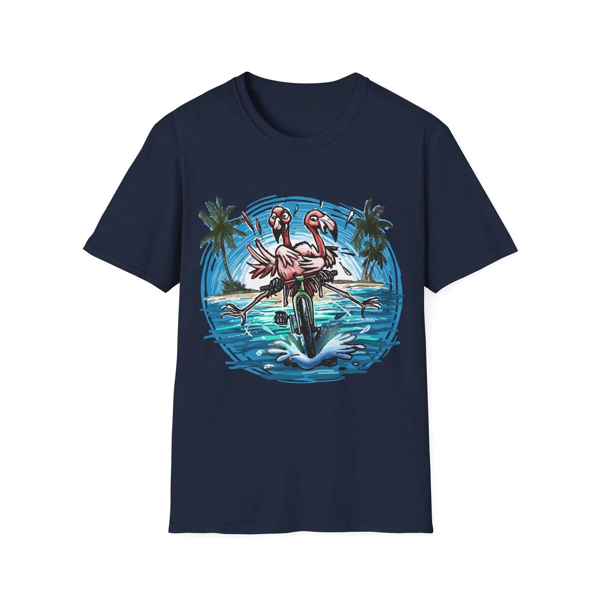 A Colorful Duo of pink Flamingos Riding a Bike at the Beach - Bike T-Shirt